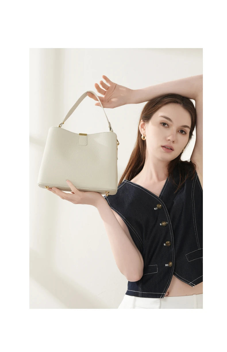 Hifashion 100% Cow Genuine Leather Bucket Shoulder Crossbody Bags For Women 2025 Luxury Designer Wide Strap Tote Ladies Handbags