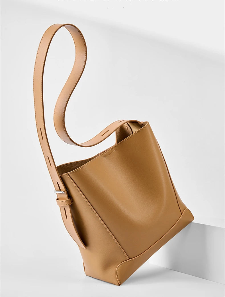 Hifashion Trendy Cow Genuine Leather Bucket Shoulder Bags For Women 2025 Luxury Designer Shopping Work Crossbody Ladies Handbags