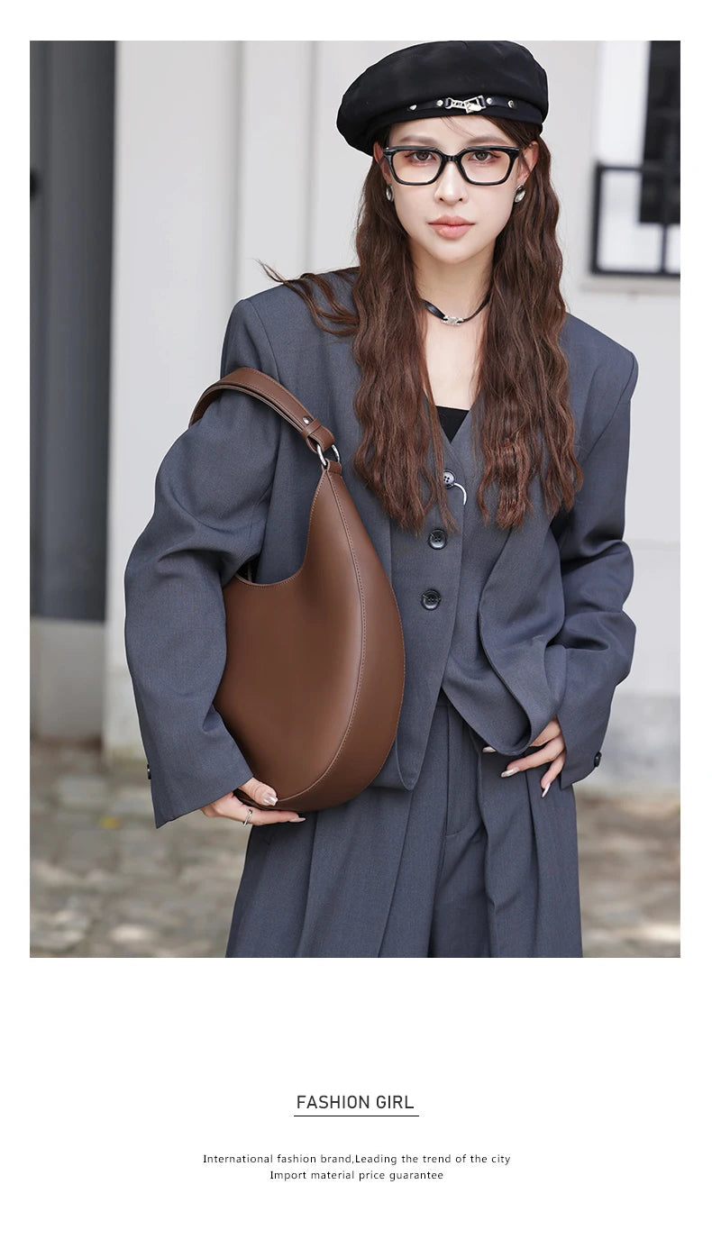 Hifashion Trendy Genuine Leather Crescent Underarm Shoulder Bags For Women 2025 Luxury Designer Hobos Half Moon Tote Handbags