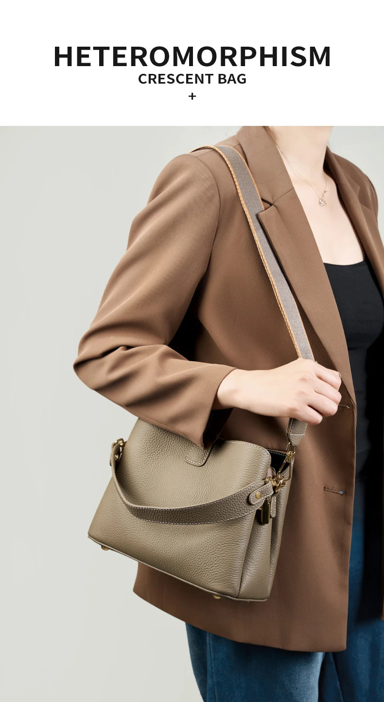 Hifashion 100% Cow Genuine Leather Bucket Shoulder Crossbody Bags For Women 2025 Luxury Designer Wide Strap Tote Ladies Handbags