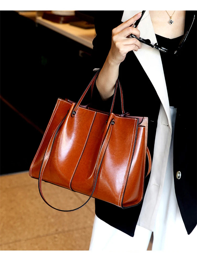 Hifashion Vintage Genuine Leather Large Shoulder Tote Bags For Women 2025 Trend Designer Oil Wax Shopper Office Ladies Handbags