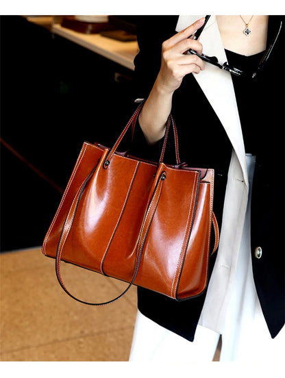 Hifashion Vintage Genuine Leather Large Shoulder Tote Bags For Women 2025 Trend Designer Oil Wax Shopper Office Ladies Handbags