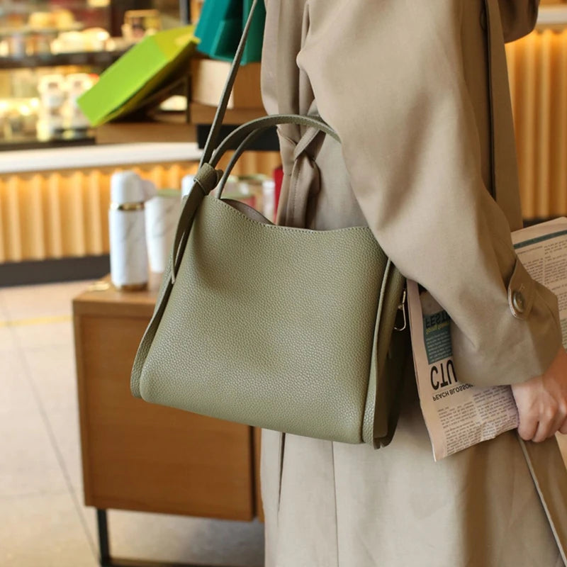 Hifashion Vintage Cow Genuine Leather Bucket Tote Shoulder Bags For Women 2025 Luxury Designer Shopper Crossbody Ladies Handbags