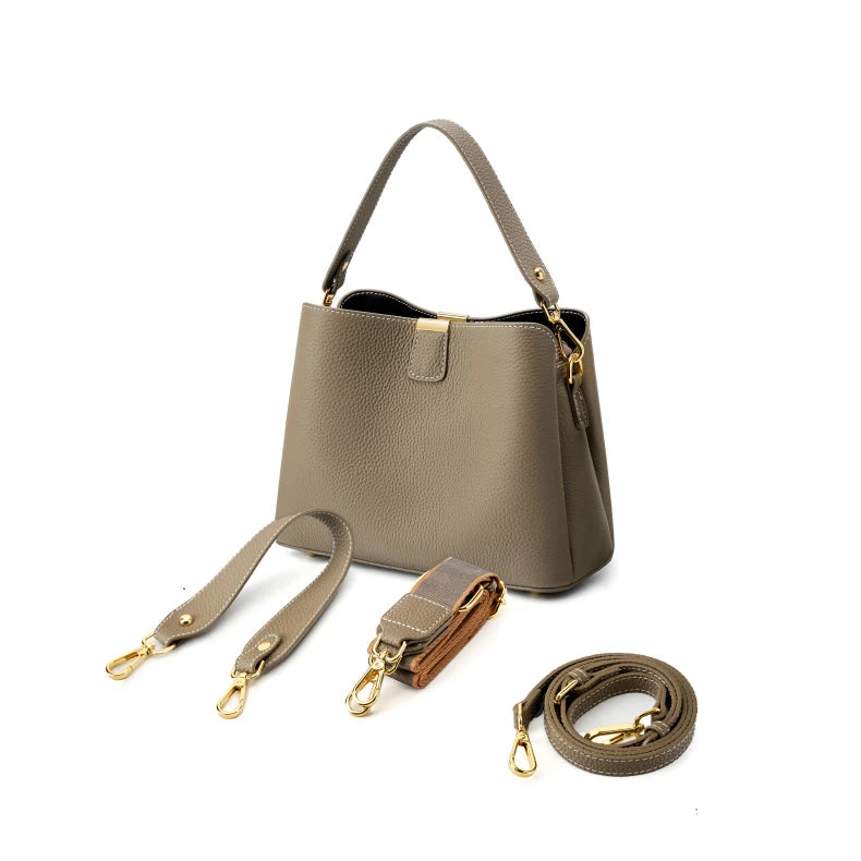 Hifashion 100% Cow Genuine Leather Bucket Shoulder Crossbody Bags For Women 2025 Luxury Designer Wide Strap Tote Ladies Handbags