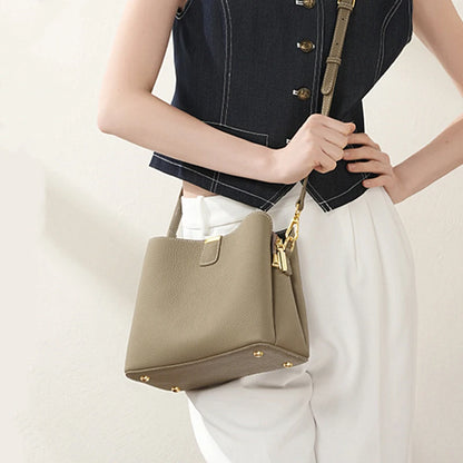 Hifashion 100% Cow Genuine Leather Bucket Shoulder Crossbody Bags For Women 2025 Luxury Designer Wide Strap Tote Ladies Handbags