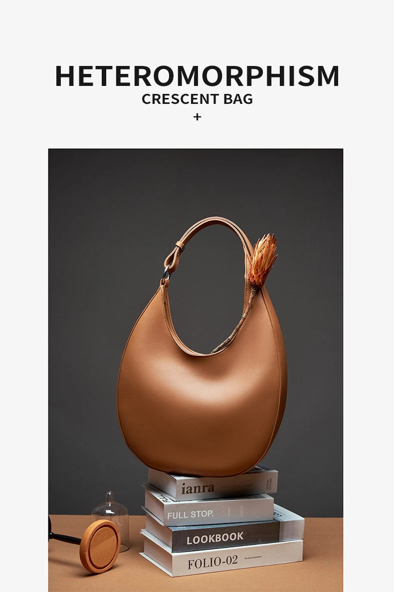Hifashion Trendy Genuine Leather Crescent Underarm Shoulder Bags For Women 2025 Luxury Designer Hobos Half Moon Tote Handbags