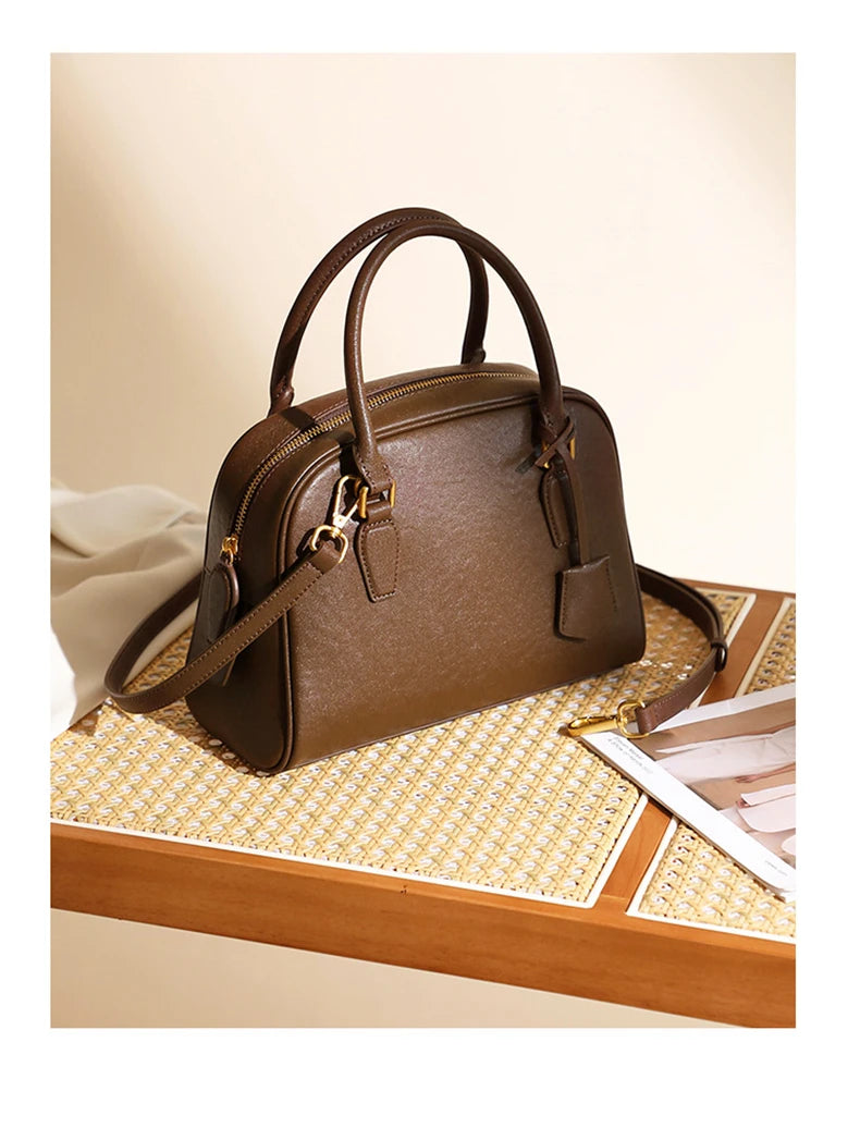 Hifashion Vintage Genuine Leather Bowling Tote Handbags For Women 2025 Luxury Designer Shell Work Ladies Shoulder Crossbody Bags