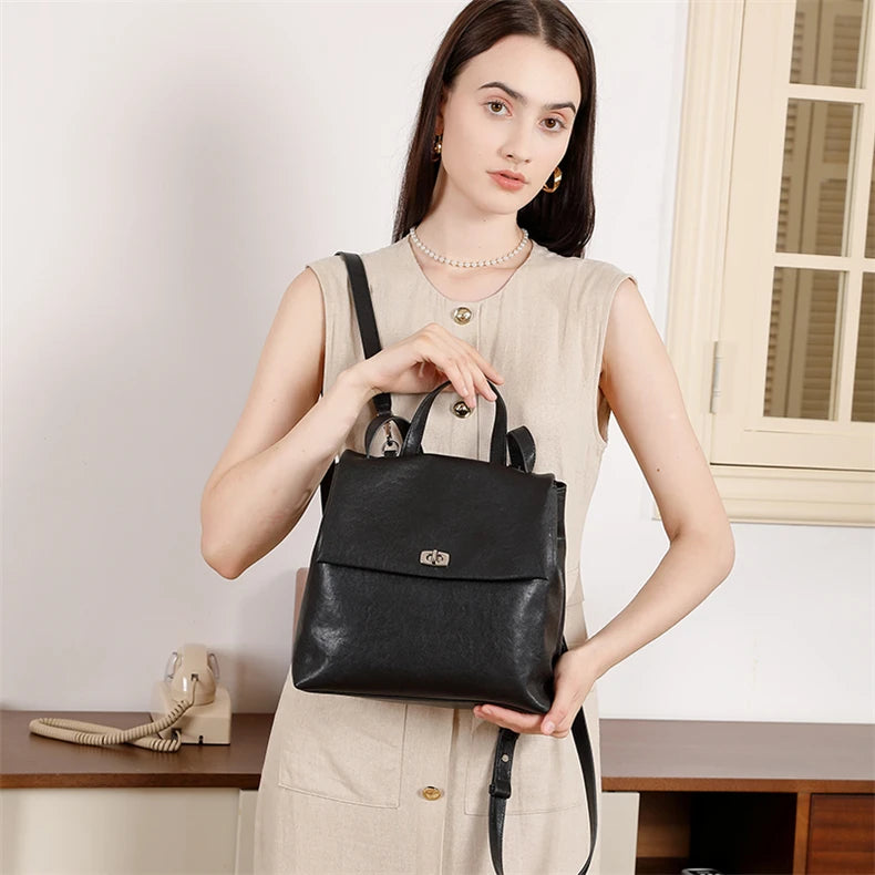 Hifashion Vintage Genuine Leather Backpack For Women 2025 Trend Designer Top Flap College Girls School Bags Work Travel Bagpack