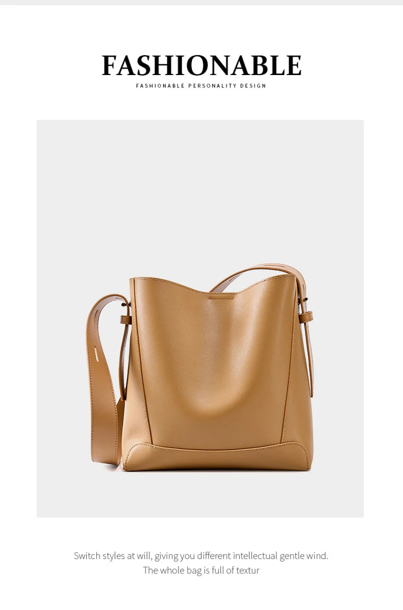 Hifashion Trendy Cow Genuine Leather Bucket Shoulder Bags For Women 2025 Luxury Designer Shopping Work Crossbody Ladies Handbags