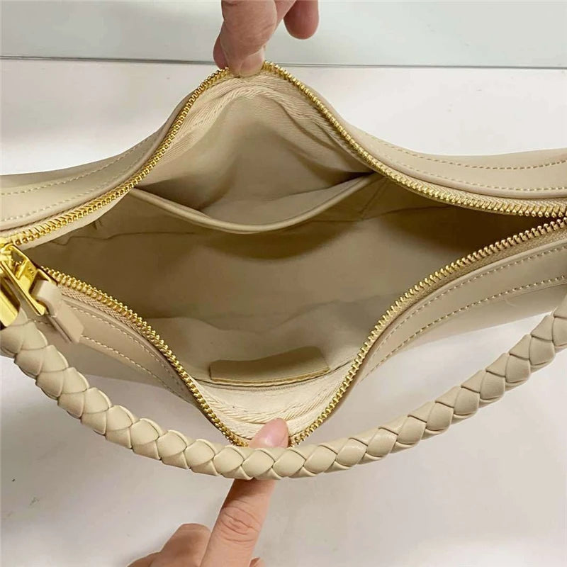 Hifashion Cowhide Genuine Leather Crescent Moon Underarm Shoulder Bags For Women 2025 Luxury Designer Woven Tote Ladies Handbags