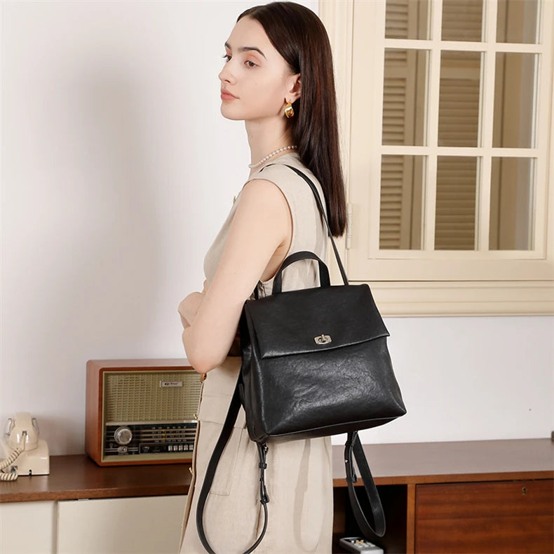 Hifashion Vintage Genuine Leather Backpack For Women 2025 Trend Designer Top Flap College Girls School Bags Work Travel Bagpack