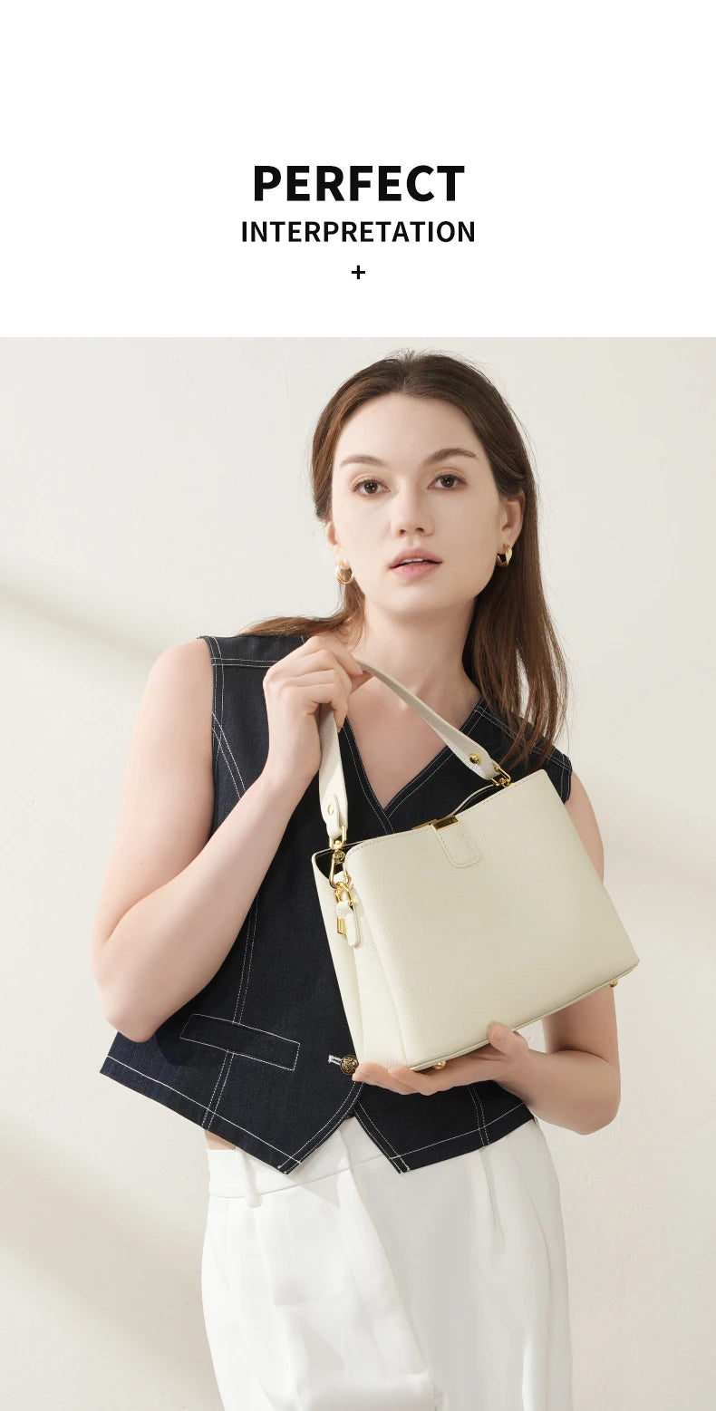 Hifashion 100% Cow Genuine Leather Bucket Shoulder Crossbody Bags For Women 2025 Luxury Designer Wide Strap Tote Ladies Handbags