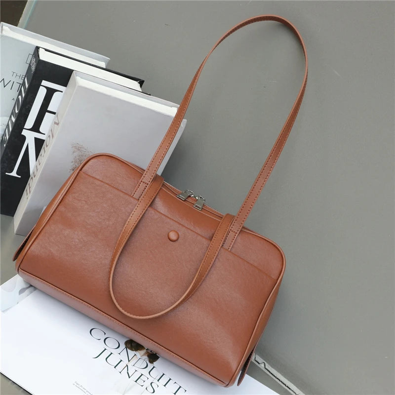 Hifashion Retro Genuine Leather Bowling Underarm Shoulder Bags For Women 2025 Luxury Designer Large Pillow Tote Ladies Handbags