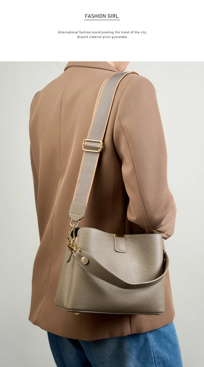 Hifashion 100% Cow Genuine Leather Bucket Shoulder Crossbody Bags For Women 2025 Luxury Designer Wide Strap Tote Ladies Handbags
