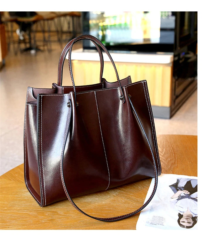 Hifashion Vintage Genuine Leather Large Shoulder Tote Bags For Women 2025 Trend Designer Oil Wax Shopper Office Ladies Handbags