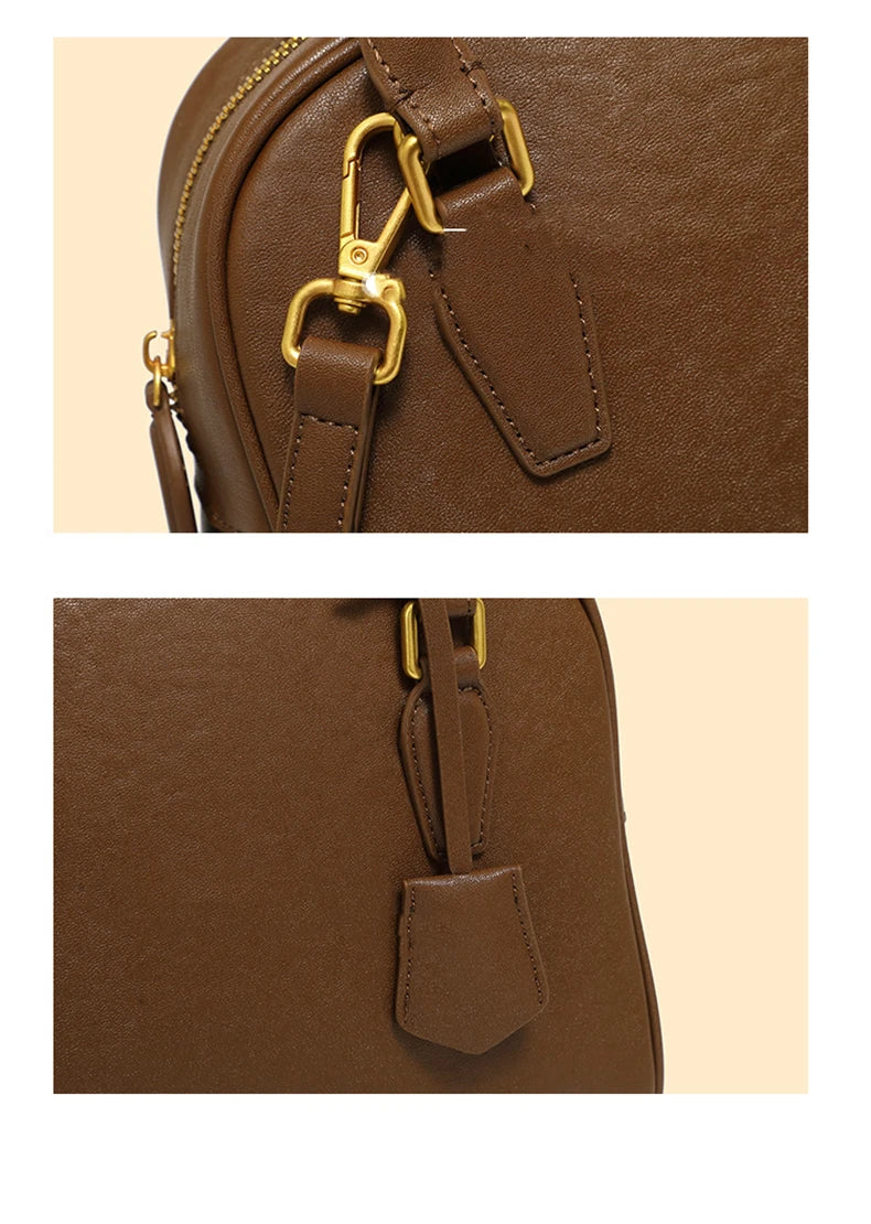 Hifashion Vintage Genuine Leather Bowling Tote Handbags For Women 2025 Luxury Designer Shell Work Ladies Shoulder Crossbody Bags