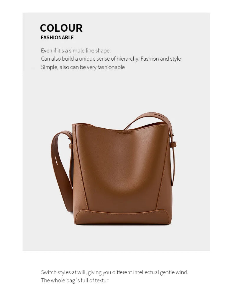 Hifashion Trendy Cow Genuine Leather Bucket Shoulder Bags For Women 2025 Luxury Designer Shopping Work Crossbody Ladies Handbags
