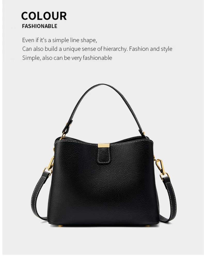 Hifashion 100% Cow Genuine Leather Bucket Shoulder Crossbody Bags For Women 2025 Luxury Designer Wide Strap Tote Ladies Handbags