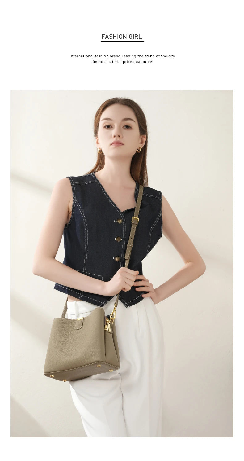 Hifashion 100% Cow Genuine Leather Bucket Shoulder Crossbody Bags For Women 2025 Luxury Designer Wide Strap Tote Ladies Handbags