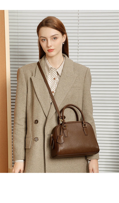 Hifashion Vintage Genuine Leather Bowling Tote Handbags For Women 2025 Luxury Designer Shell Work Ladies Shoulder Crossbody Bags