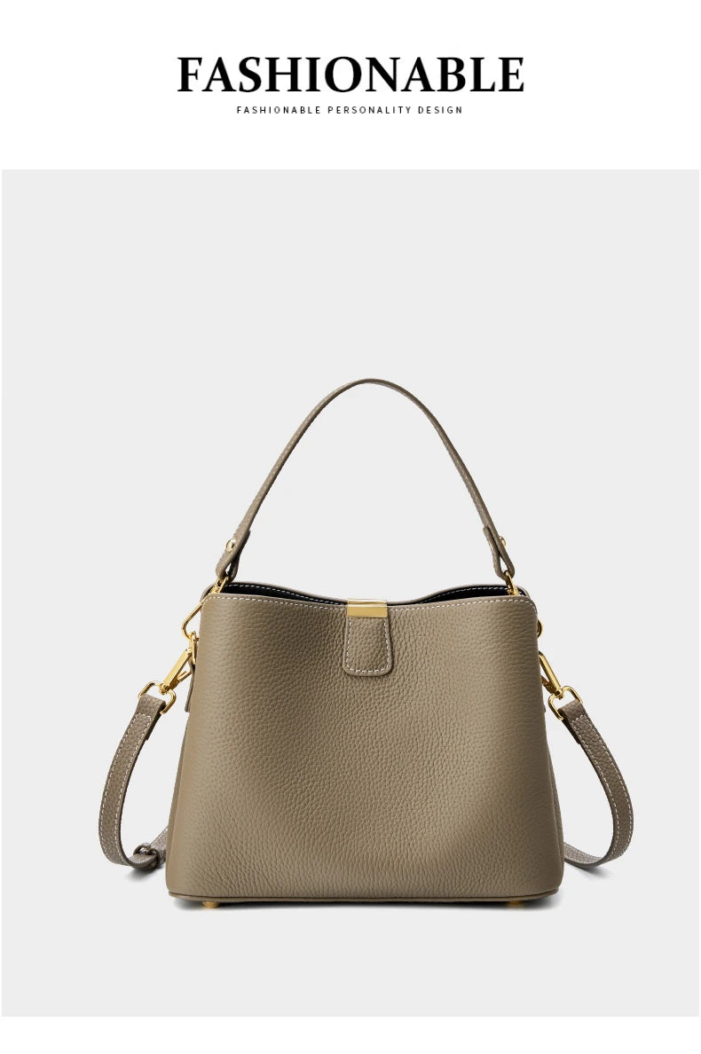 Hifashion 100% Cow Genuine Leather Bucket Shoulder Crossbody Bags For Women 2025 Luxury Designer Wide Strap Tote Ladies Handbags
