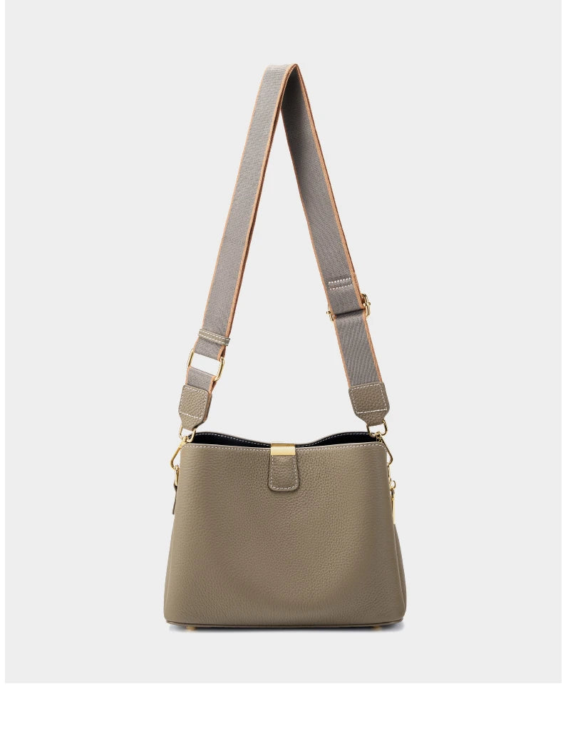 Hifashion 100% Cow Genuine Leather Bucket Shoulder Crossbody Bags For Women 2025 Luxury Designer Wide Strap Tote Ladies Handbags
