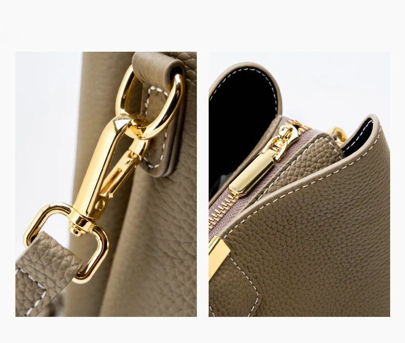 Hifashion 100% Cow Genuine Leather Bucket Shoulder Crossbody Bags For Women 2025 Luxury Designer Wide Strap Tote Ladies Handbags
