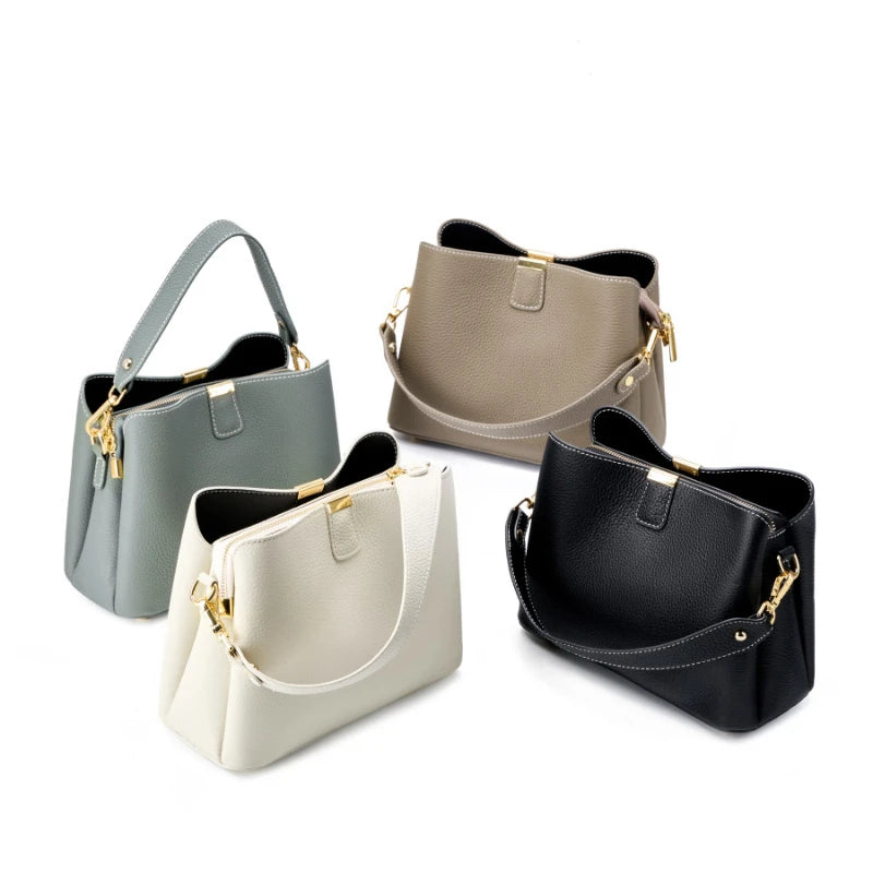 Hifashion 100% Cow Genuine Leather Bucket Shoulder Crossbody Bags For Women 2025 Luxury Designer Wide Strap Tote Ladies Handbags