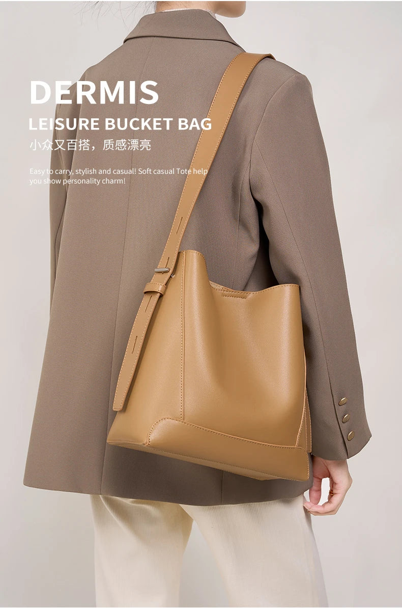 Hifashion Trendy Cow Genuine Leather Bucket Shoulder Bags For Women 2025 Luxury Designer Shopping Work Crossbody Ladies Handbags
