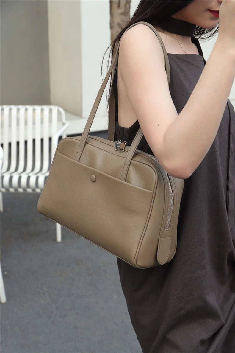 Hifashion Retro Genuine Leather Bowling Underarm Shoulder Bags For Women 2025 Luxury Designer Large Pillow Tote Ladies Handbags