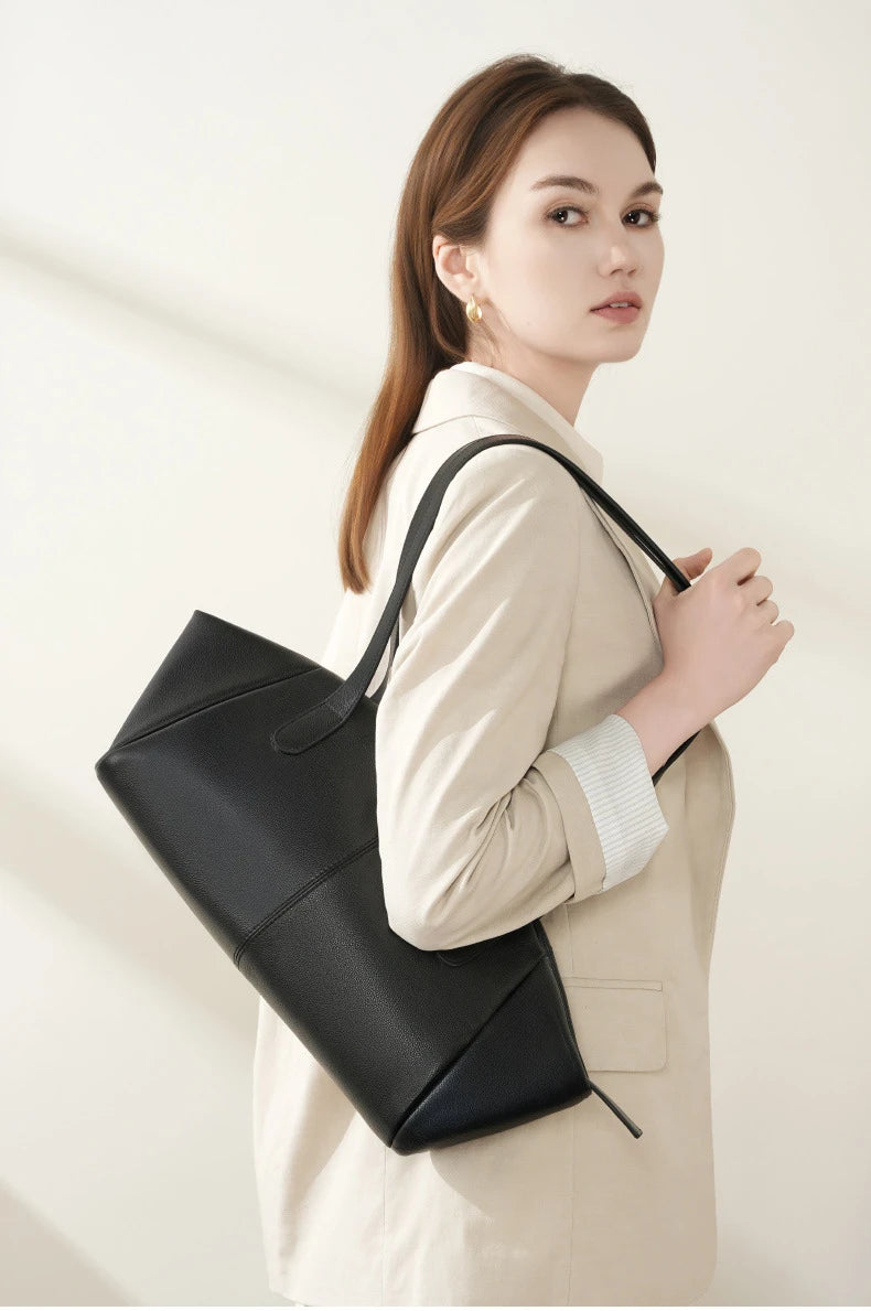 Hifashion 100% Real Genuine Leather Large Tote Shoulder Bags For Women 2025 Luxury Designer Trapeze Shopper Work Ladies Handbags