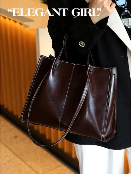 Hifashion Vintage Genuine Leather Large Shoulder Tote Bags For Women 2025 Trend Designer Oil Wax Shopper Office Ladies Handbags