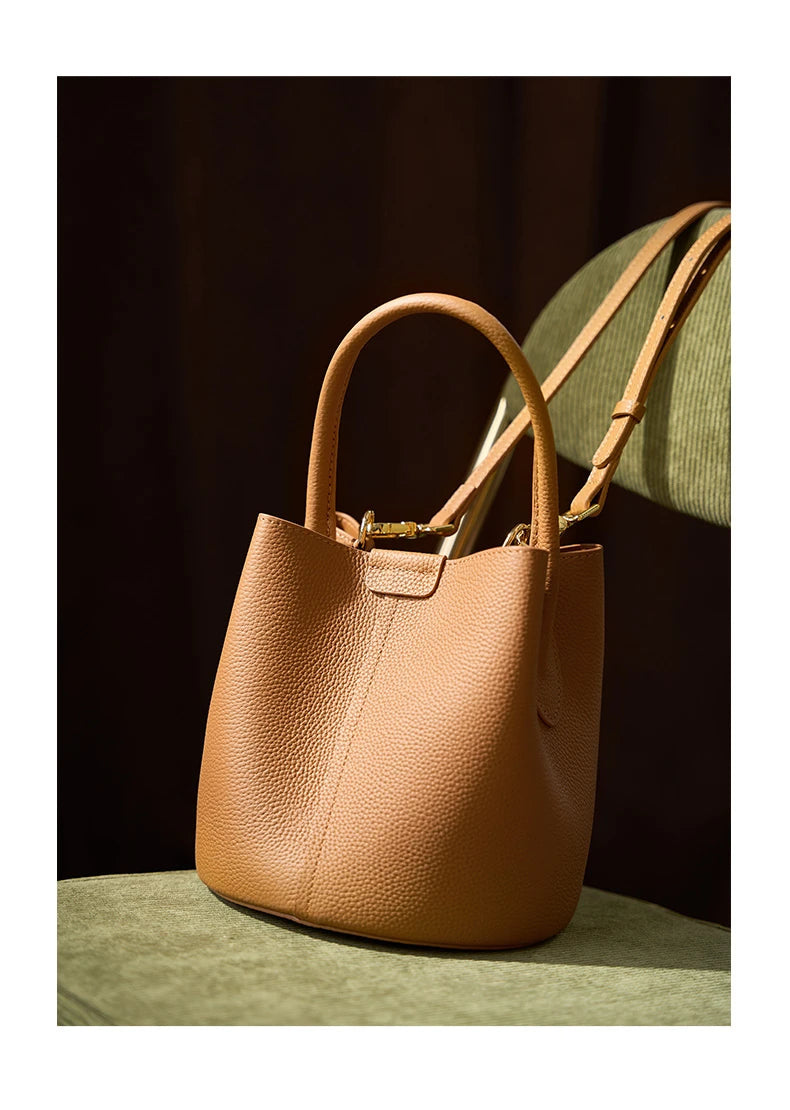 Hifashion Cowhide Genuine Leather Bucket Small Shoulder Bags For Women 2025 Luxury Designer Crossbody Purse Tote Ladies Handbags