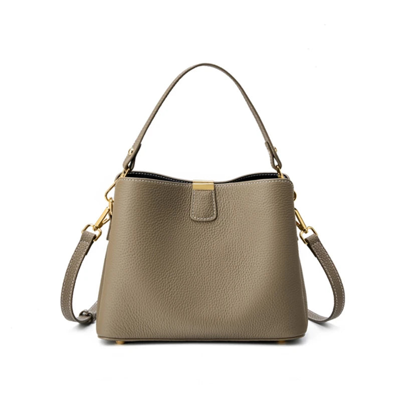 Hifashion 100% Cow Genuine Leather Bucket Shoulder Crossbody Bags For Women 2025 Luxury Designer Wide Strap Tote Ladies Handbags