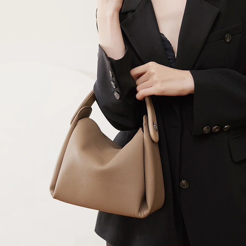 Hifashion Cowhide Genuine Leather Small Shoulder Bags For Women 2025 Luxury Designer Work Bucket Tote Crossbody Ladies Handbags