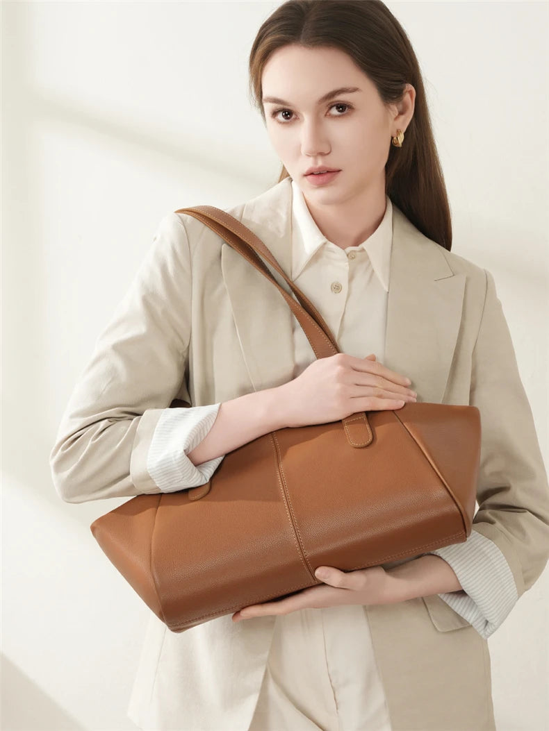 Hifashion 100% Real Genuine Leather Large Tote Shoulder Bags For Women 2025 Luxury Designer Trapeze Shopper Work Ladies Handbags