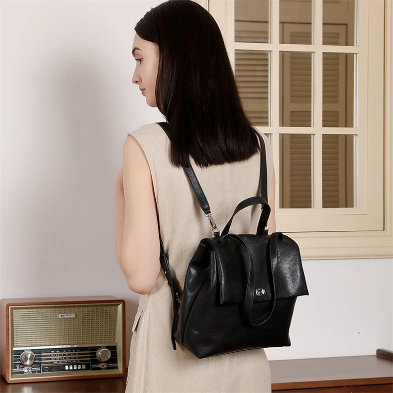 Hifashion Vintage Genuine Leather Backpack For Women 2025 Trend Designer Top Flap College Girls School Bags Work Travel Bagpack