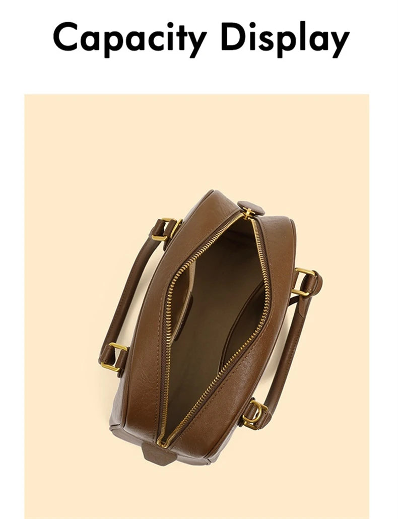 Hifashion Vintage Genuine Leather Bowling Tote Handbags For Women 2025 Luxury Designer Shell Work Ladies Shoulder Crossbody Bags