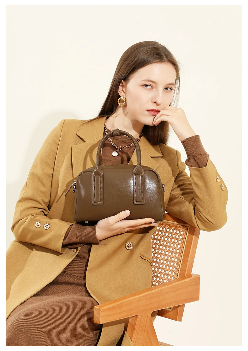 Hifashion Vintage Boston Cow Genuine Leather Handbags For Women 2025 Trend Designer Bowling Work Ladies Shoulder Crossbody Bags