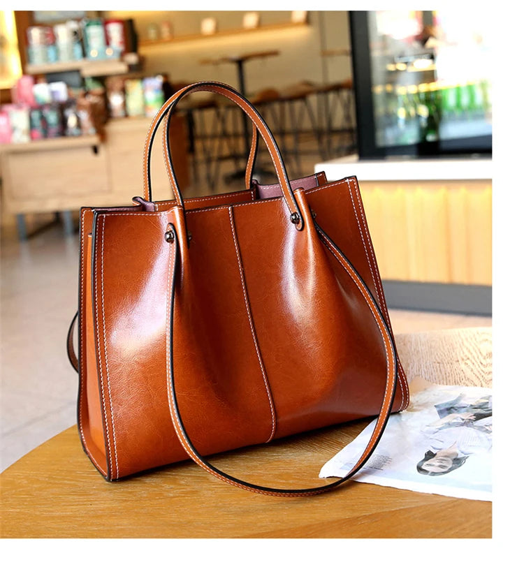 Hifashion Vintage Genuine Leather Large Shoulder Tote Bags For Women 2025 Trend Designer Oil Wax Shopper Office Ladies Handbags
