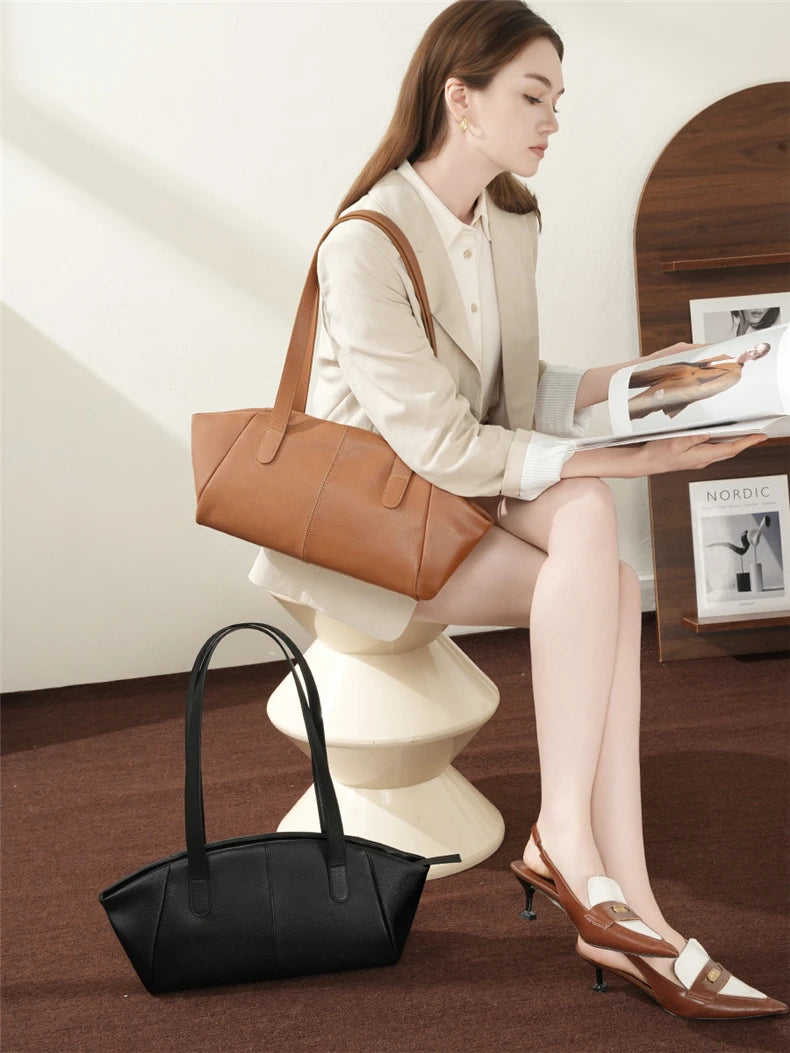 Hifashion 100% Real Genuine Leather Large Tote Shoulder Bags For Women 2025 Luxury Designer Trapeze Shopper Work Ladies Handbags