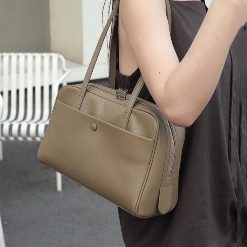 Hifashion Retro Genuine Leather Bowling Underarm Shoulder Bags For Women 2025 Luxury Designer Large Pillow Tote Ladies Handbags