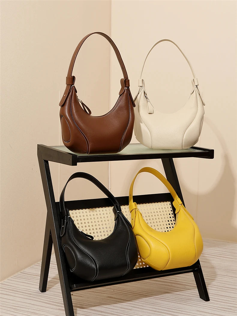 Hifashion Cowhide Genuine Leather Half Moon Crossbody Shoulder Bags For Women 2025 Trend Designer Hobo Underarm Ladies Handbags