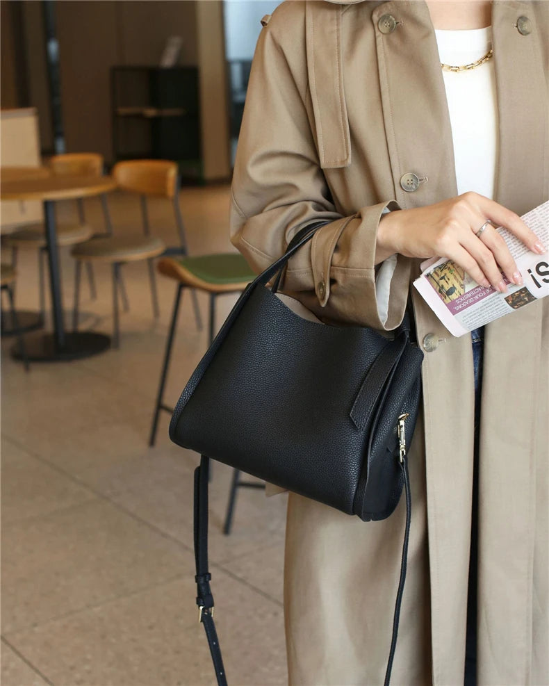 Hifashion Vintage Cow Genuine Leather Bucket Tote Shoulder Bags For Women 2025 Luxury Designer Shopper Crossbody Ladies Handbags