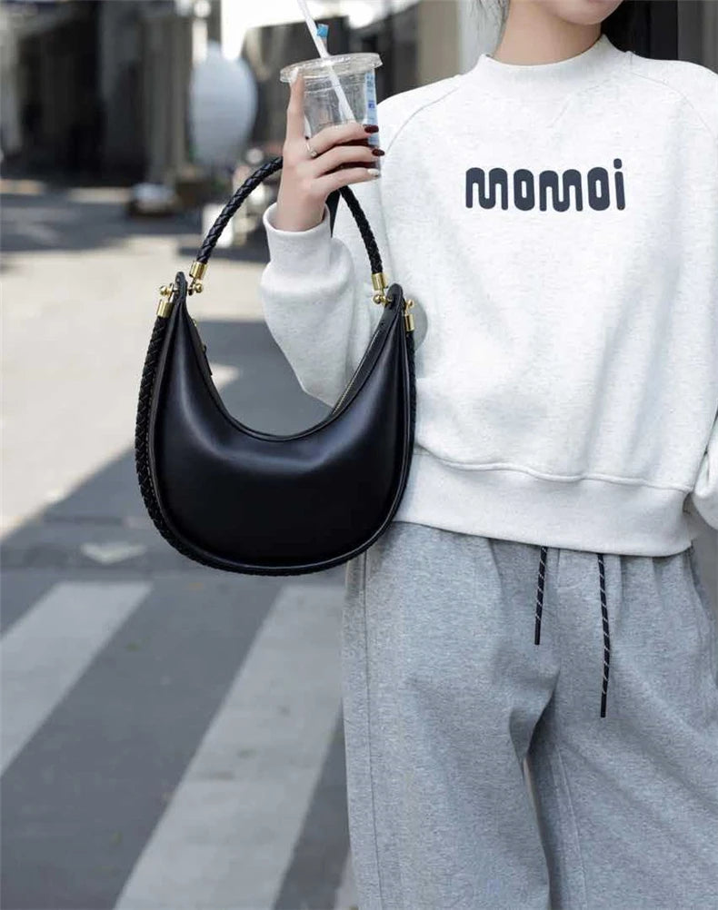 Hifashion Cowhide Genuine Leather Crescent Moon Underarm Shoulder Bags For Women 2025 Luxury Designer Woven Tote Ladies Handbags