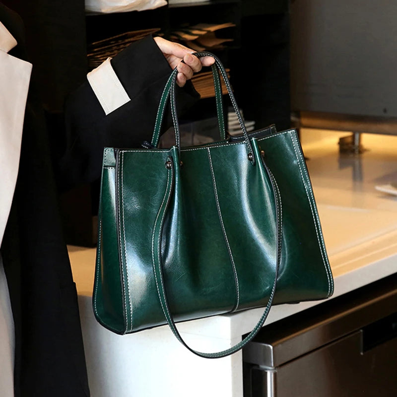 Hifashion Vintage Genuine Leather Large Shoulder Tote Bags For Women 2025 Trend Designer Oil Wax Shopper Office Ladies Handbags