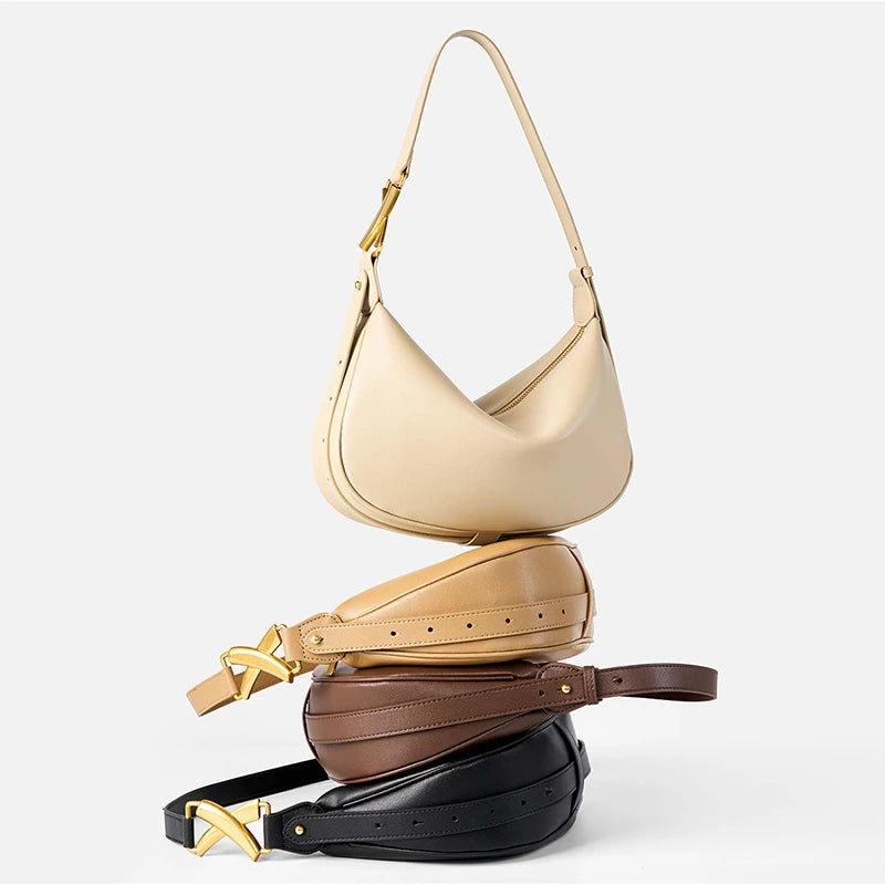 Hifashion Trendy Genuine Leather Underarm Shoulder Bags For Women 2025 Luxury Designer Crossbody Purse Half Moon Ladies Handbags
