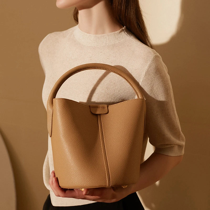Hifashion Cowhide Genuine Leather Bucket Small Shoulder Bags For Women 2025 Luxury Designer Crossbody Purse Tote Ladies Handbags