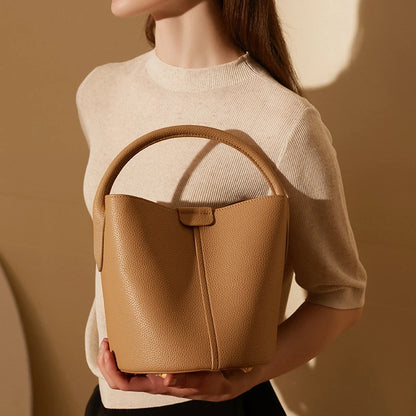 Hifashion Cowhide Genuine Leather Bucket Small Shoulder Bags For Women 2025 Luxury Designer Crossbody Purse Tote Ladies Handbags