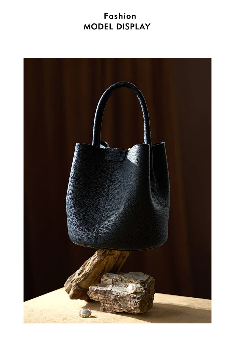 Hifashion Cowhide Genuine Leather Bucket Small Shoulder Bags For Women 2025 Luxury Designer Crossbody Purse Tote Ladies Handbags